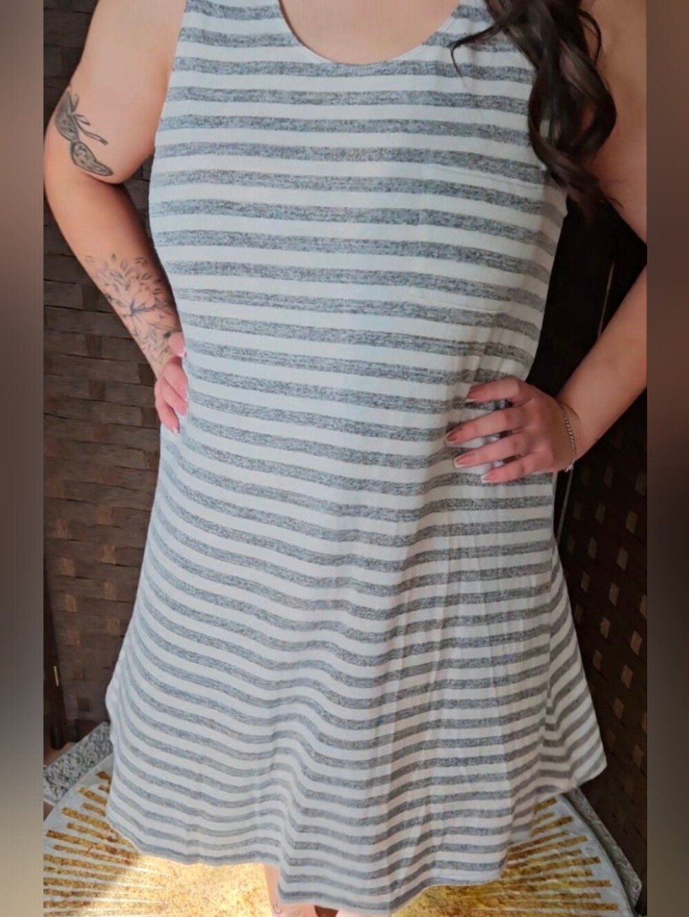 Sleeveless Striped A-Line Dress in Gray and White